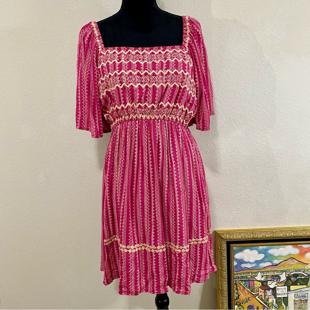 Savanna Jane Pink and Cream Mini Dress Embroidered Boho Flutter Sleeves  Rayon L